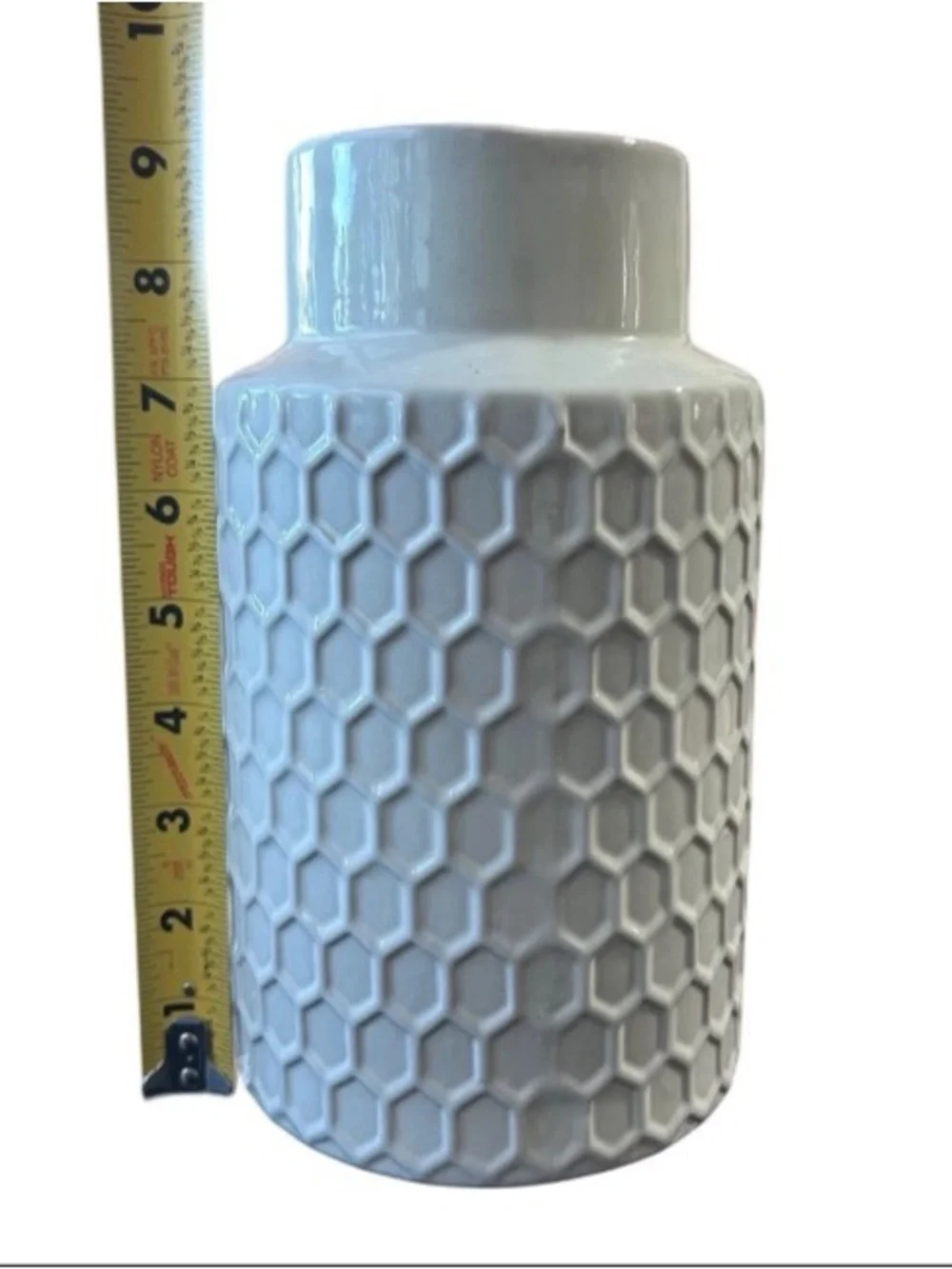 White Ceramic Vase 9” Utensil Holder Honeycomb Textured Design Minimalist New